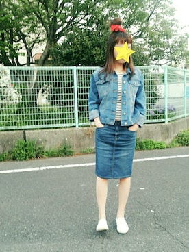 「マリンコーデ」｜「アイテム（デニムジャケット）」を使った、まなみさきさん（レディース・153cm）の春コーディネート