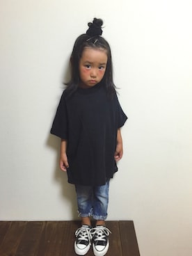 「A BOND（アボンド）のリネンプルオーバー(130～150cm)（シャツ/ブラウス、ブラック系）」を使った、tsugumonさん（キッズ・132cm）の夏コーディネート