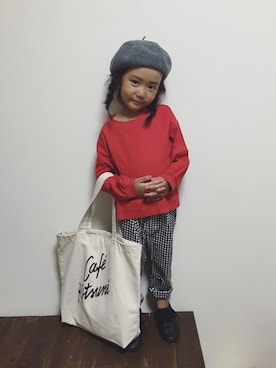 「CALMIA（カルミア）のｅｒｉリブプルオーバー(80～120cm)（シャツ/ブラウス、レッド系）」を使った、tsugumonさん（キッズ・132cm）の夏コーディネート