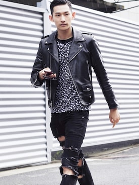 「streetsnap」｜「アイテム（ライダースジャケット）」を使った、아이즈매거진(eyesmag.com)さん（メンズ・188cm）の秋コーディネート