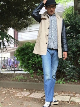 「無印良品（ムジルシリョウヒン）のアイテム（シャツ/ブラウス、ブラック系）」を使った、ひろしさん（メンズ・183cm）の春コーディネート