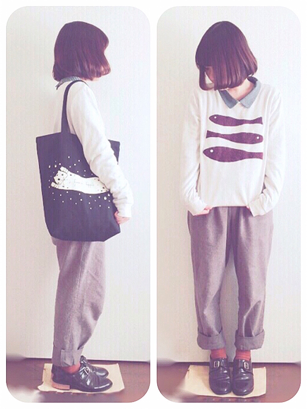 ベージュ系のスウェット、ブラウン系のその他パンツ、ブルー系のTシャツ/カットソーを着用したレディースの冬コーディネートの1枚目の写真