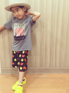 「MARLMARL（マールマール）の【MARLMARL/マールマール】 HAT/キッズサイズ（巾着リュック付き）（ハット、ピンク系）」を使った、RioN♡YunoNさん（キッズ・133cm）の夏コーディネート