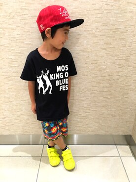 「MARKEY'S（マーキーズ）のプリントＴ　ＢＬＵＥＳ　ＦＥＳＴ (80～150cm)（Tシャツ/カットソー、ブラック系）」を使った、RioN♡YunoNさん（キッズ・133cm）の夏コーディネート