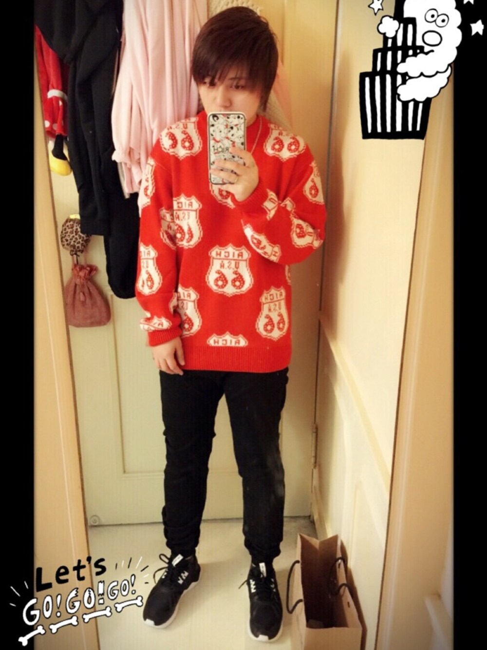 「JOYRICH、publish brand、jogger pants、adidas originals、Y-3」｜「JOYRICHのJoyrich 毛衣（ニット/セーター、レッド系）」を使った、毛mouさん（レディース・158cm）の春コーディネートの1枚目の写真