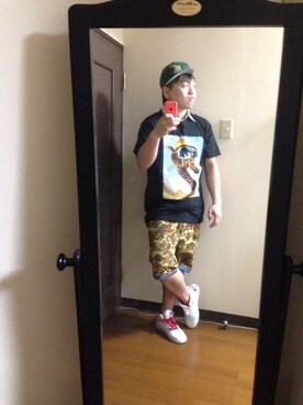 「LRG（エルアールジー）のアイテム（キャップ）」を使った、小林一寿さん（メンズ・164cm）の夏コーディネート