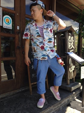 「LRG（エルアールジー）のアイテム（キャップ）」を使った、小林一寿さん（メンズ・164cm）の夏コーディネート