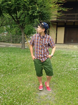 「LRG（エルアールジー）のアイテム（キャップ）」を使った、小林一寿さん（メンズ・164cm）の夏コーディネート
