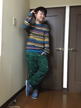 「柄×柄」｜「アイテム（モカシン/デッキシューズ）」を使った、小林一寿さん（メンズ・164cm）の秋コーディネート