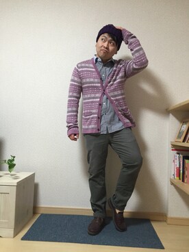 「アイテム（ドレスシューズ、パープル系）」を使った、小林一寿さん（メンズ・164cm）の冬コーディネート