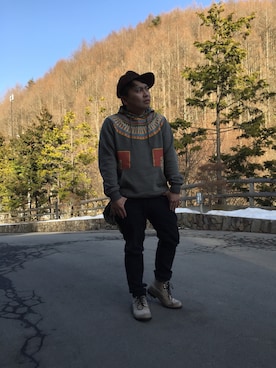 「LRG（エルアールジー）のアイテム（帽子）」を使った、小林一寿さん（メンズ・164cm）の冬コーディネート