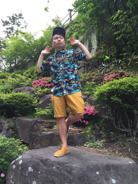 「LRG（エルアールジー）のアイテム（帽子）」を使った、小林一寿さん（メンズ・164cm）の夏コーディネート