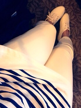 「ボーダートップス（Tシャツ/カットソー、ホワイト系）」を使った、くうさんさん（レディース・160cm）の春コーディネート