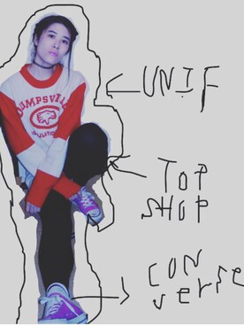 「UNIF（ユニフ）のアイテム（ニット/セーター、レッド系）」を使った、EYEさん（レディース・161cm）の春コーディネート