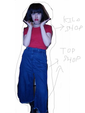 「VINTAGE（ヴィンテージ）のアイテム（ニット/セーター、レッド系）」を使った、EYEさん（レディース・161cm）の春コーディネート