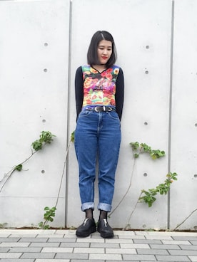 「VINTAGE（ヴィンテージ）のアイテム（Tシャツ/カットソー、その他）」を使った、EYEさん（レディース・161cm）の秋コーディネート