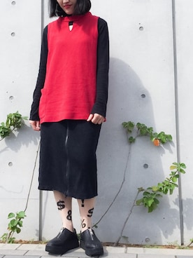 「VINTAGE（ヴィンテージ）のアイテム（Tシャツ/カットソー、レッド系）」を使った、EYEさん（レディース・161cm）の秋コーディネート