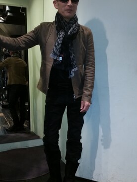 「TORNADO MART（トルネードマート）のアイテム（ライダースジャケット、ブラウン系）」を使った、スーさんさん（メンズ・168cm）の春コーディネート