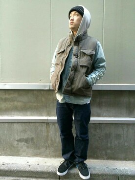 「TYPE BLUE（タイプブルー）のアイテム（ベスト）」を使った、MASAYAさん（メンズ・164cm）の冬コーディネート