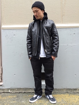 「ニットキャップ」｜「アイテム（ライダースジャケット）」を使った、MASAYAさん（メンズ・165cm）の冬コーディネート