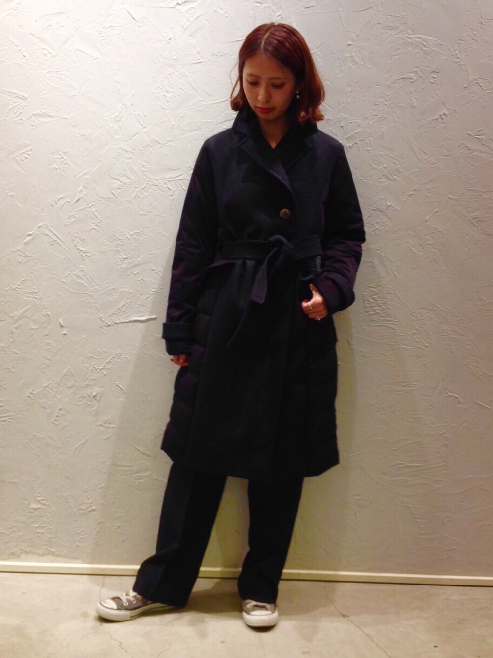 「YOSOOU、actuel、ダウンコート」｜「YOSOOUの【粧う/YOSOOU/ヨソオウ】Tailored Coat（ダウンジャケット/コート、ブラック系）」を使った、nozomiさん（レディース・163cm）の夏コーディネートの1枚目の写真