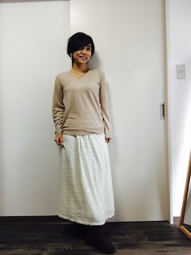 「GU（ジーユー）のアイテム（ニット/セーター、ベージュ系）」を使った、Miku Kumagaiさん（レディース・158cm）の秋コーディネート