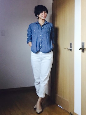 「UNIQLO（ユニクロ）のアイテム（シャツワンピース、ブルー系）」を使った、Miku Kumagaiさん（レディース・158cm）の秋コーディネート