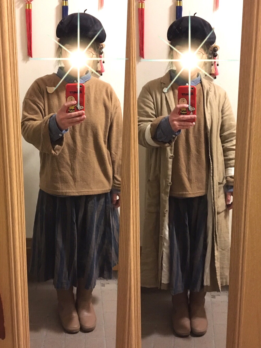 「今日のコーデ、ベレー帽、SM2、しまむら、アトリエイコール」｜「しまむらのアイテム（トップス、ブラウン系）」を使った、まっきさん（レディース・148cm）の冬コーディネートの1枚目の写真