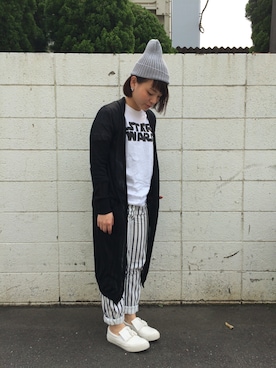 「ホワイトスニーカー」｜「アイテム（ニットキャップ/ビーニー）」を使った、chono☆さん（レディース・150cm）の春コーディネート