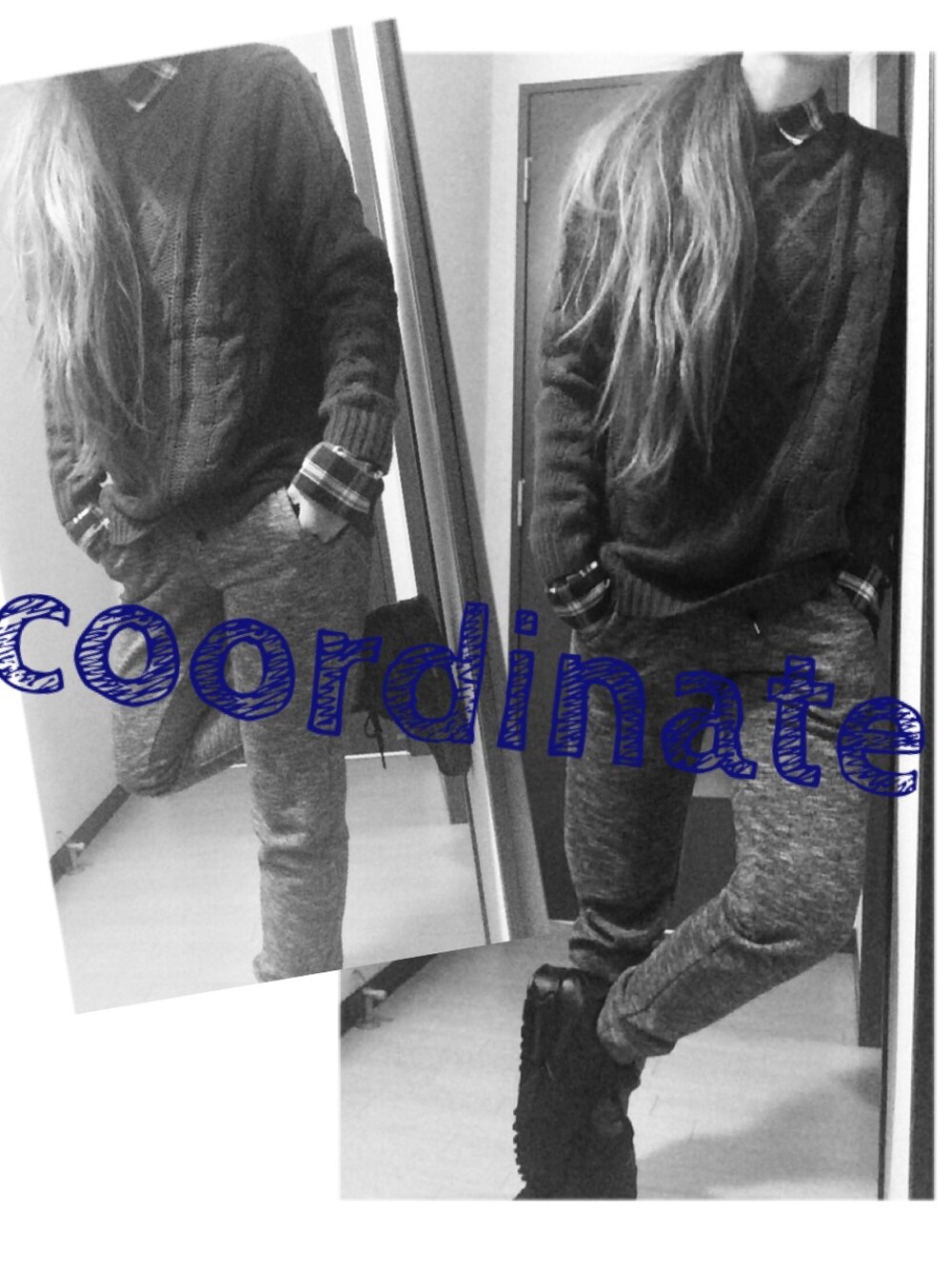 グレー系のその他パンツ、ブルー系のニット/セーター、ブラック系のスニーカーを着用したレディースの冬コーディネートの1枚目の写真