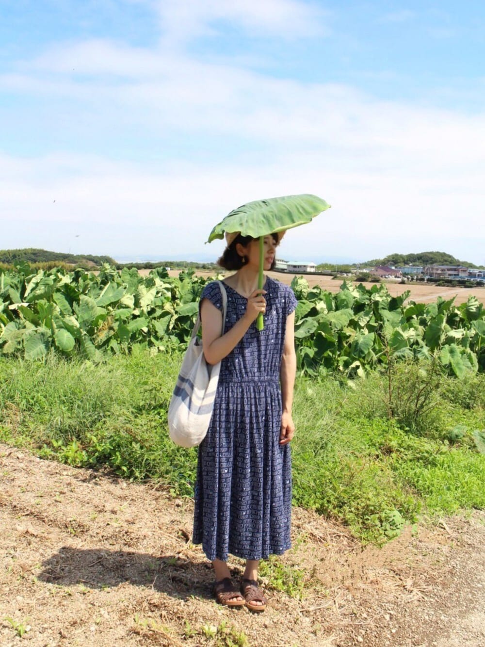 「ひまわり畑、夏、トトロ」｜「I am I のアイテム（ワンピース、ブルー系）」を使った、U.kiさん（レディース・158cm）の夏コーディネートの1枚目の写真