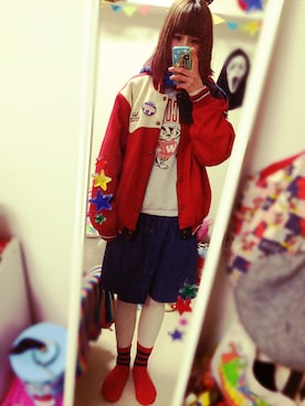 「白タイツ」｜「アイテム（スタジャン）」を使った、MIEさん（レディース・166cm）の冬コーディネート