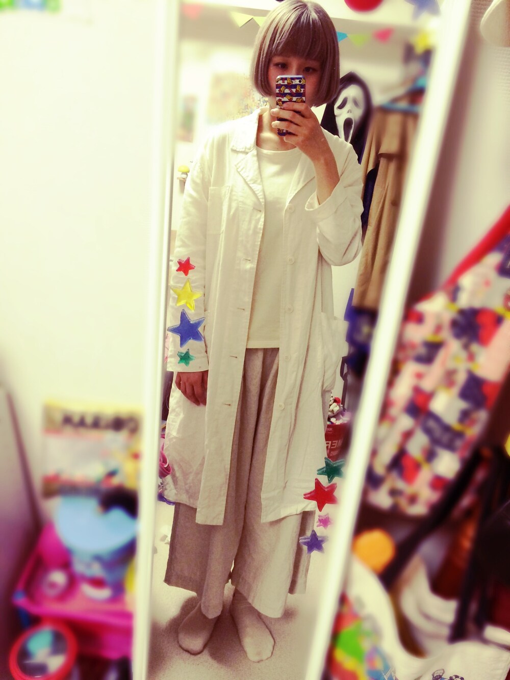 「オールホワイト、生成り、ショップコート、ワイドパンツ、同系色コーデ、w closet、cepo.、古着、古着MIX、ホワイト」｜「w closetの綿麻ショップコート（その他アウター、ホワイト系）」を使った、MIEさん（レディース・166cm）の夏コーディネートの1枚目の写真