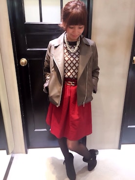 「ノースリーブニット」｜「アイテム（ライダースジャケット）」を使った、かくちゃんさん（レディース・151cm）の秋コーディネート