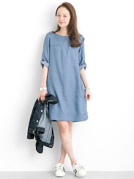 「春ワンピ」｜「アイテム（デニムジャケット）」を使った、mioさん（レディース・166cm）の春コーディネート