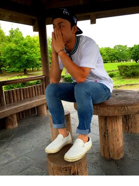 「Supreme （シュプリーム）のアイテム（キャップ、ブラック系）」を使った、サトシさん（メンズ）の夏コーディネート