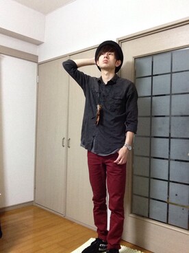 「アイテム（デニムパンツ、レッド系）」を使った、.さん（メンズ・171cm）の夏コーディネート