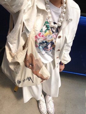 「H&M（エイチ・アンド・エム）のアイテム（その他アウター、ホワイト系）」を使った、おかちゃんぴんさん（レディース・159cm）の春コーディネート