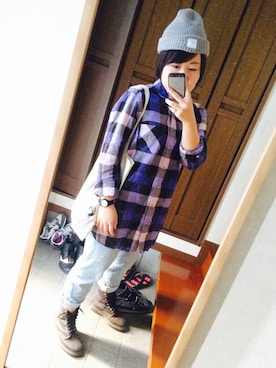 「American Eagle Outfittersのアイテム（シャツ/ブラウス、パープル系）」を使った、Aちゃんさん（レディース・150cm）の秋コーディネート