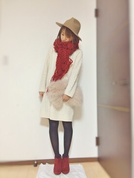 「red」｜「アイテム（ブーティ）」を使った、Natsu♡さん（レディース・162cm）の冬コーディネート