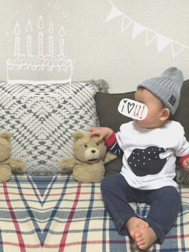 「petit main（プティマイン）のロゴパッチつきリブニット帽（ニットキャップ/ビーニー、グレー系）」を使った、ouiさん（キッズ・110cm）の夏コーディネート
