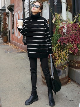 「ボーダーニット」｜ZEMMAWORLDさん（レディース・164cm）の冬コーディネート