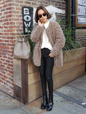 「ファーコート」｜「アイテム（ノーカラージャケット）」を使った、ZEMMAWORLDさん（レディース・164cm）の冬コーディネート