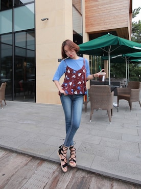 「アイテム（タンクトップ、レッド系）」を使った、ZEMMAWORLDさん（レディース・164cm）の夏コーディネート