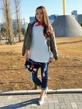 「バンダナ」｜「アイテム（MA-1）」を使った、maoさん（レディース・168cm）の春コーディネート