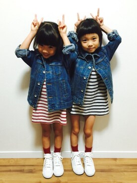 「ラブ＆ピース2016」｜「アイテム（デニムジャケット）」を使った、ひよ。こは。さん（キッズ・110cm）の秋コーディネート