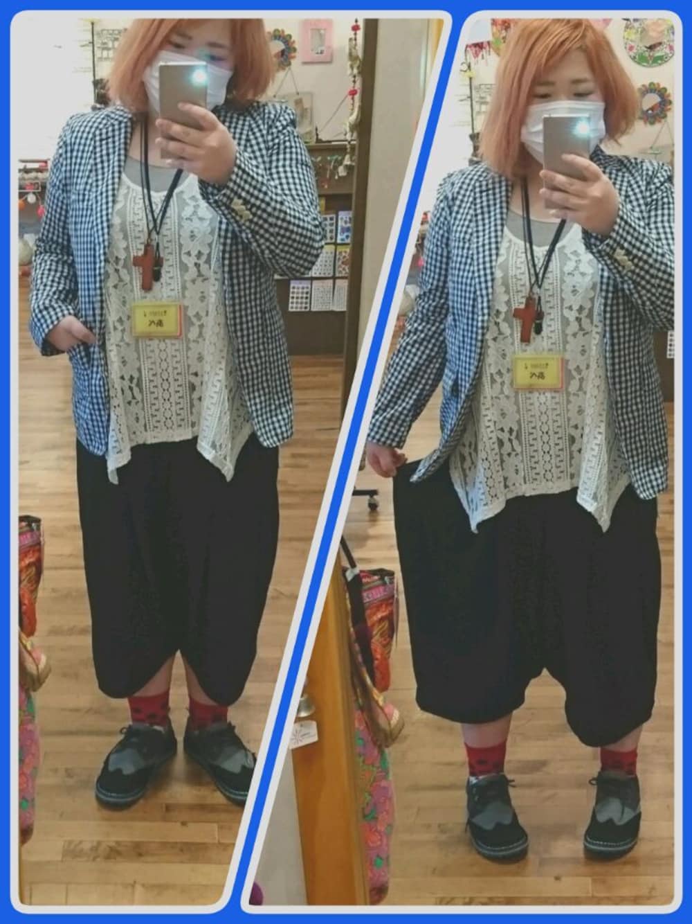 「サルエルパンツ、チェックジャケット、レース、ボーイッシュ、まっす～、テゴマス、カジュアル、店頭コーデ、スタッフコーデ、アパレルスタッフ」｜「INDIANのアイテム（その他シューズ、ブラック系）」を使った、ぴなちゃんさん（レディース・158cm）の春コーディネートの1枚目の写真