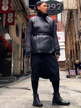 「RICK OWENS」｜「アイテム（ムートンコート）」を使った、Iam Will Iamさん（メンズ・176cm）の冬コーディネート