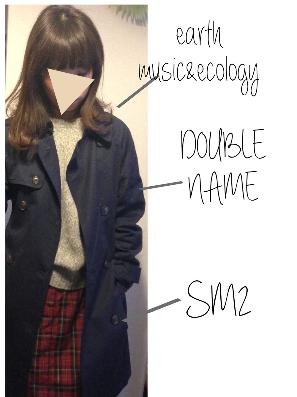 「トレンチコート、チェックスカート、赤チェック、ネイビー、Double name、SM2、カジュアル、スカート、女子力UP」｜「DOUBLE NAMEのロングトレンチコート（トレンチコート、ブルー系）」を使った、makochairさん（レディース・155cm）の冬コーディネートの1枚目の写真