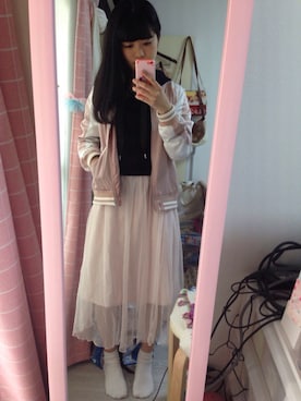 「RETRO GIRL（レトロガール）のアイテム（ナイロンジャケット）」を使った、ひとめろ♡さん（レディース・156cm）の春コーディネート